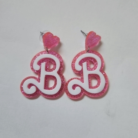 Creative Letter B Dangle Earrings Acrylic Pink with Glitter Barbie‎ - Picture 2 of 6